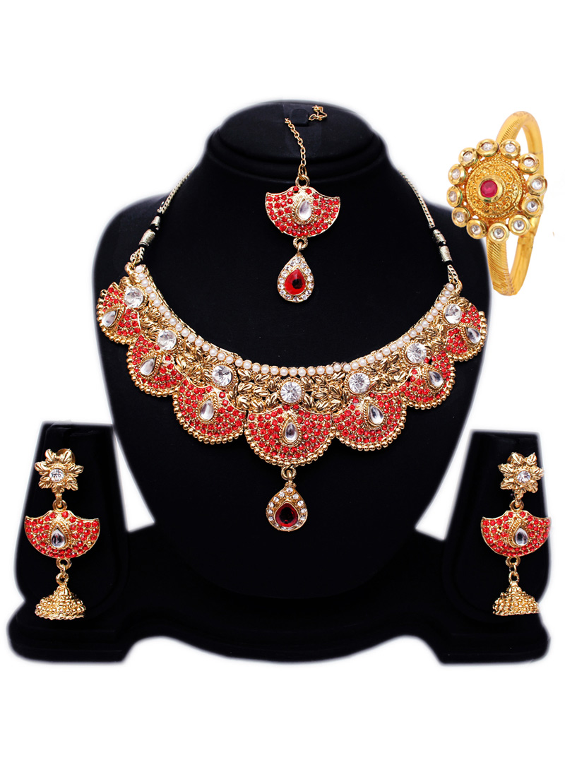 Red Alloy Austrian Diamond Set With Earrings and Maang Tikka 128562