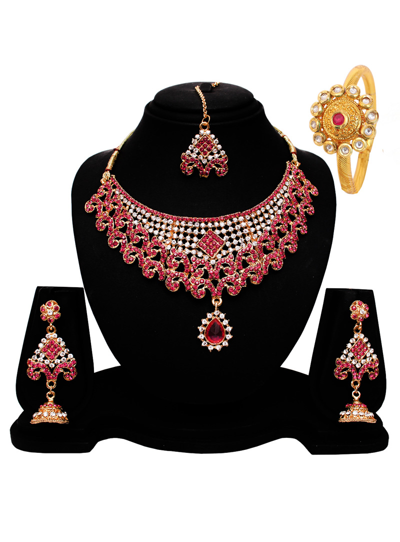 Pink Alloy Austrian Diamond Set With Earrings and Maang Tikka 128565