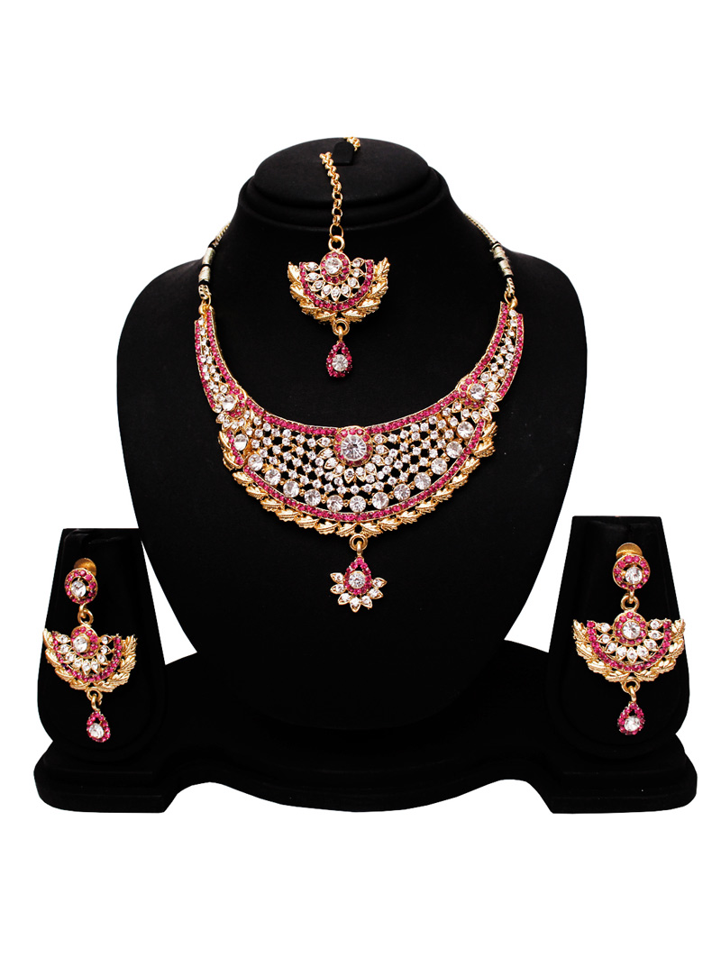 Pink Alloy Austrian Diamond Set With Earrings and Maang Tikka 128566