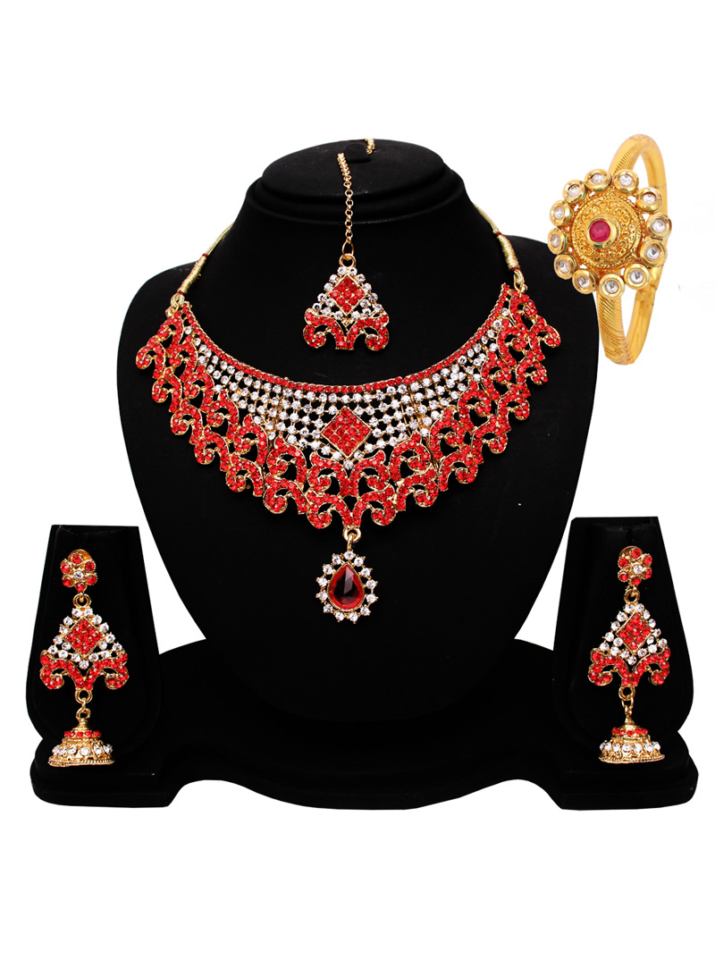 Red Alloy Austrian Diamond Set With Earrings and Maang Tikka 128567