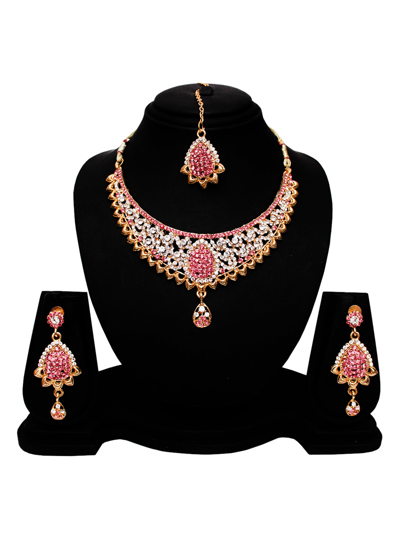 Pink Alloy Austrian Diamond Set With Earrings and Maang Tikka 128569