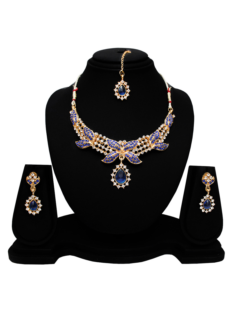 Blue Alloy Austrian Diamond Set With Earrings and Maang Tikka 128570