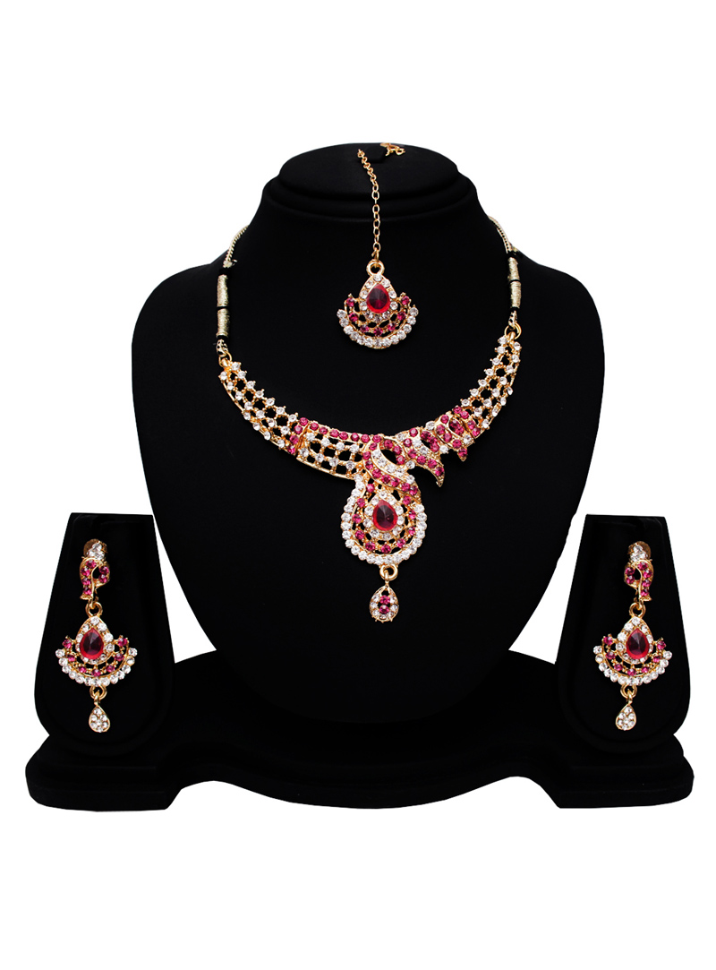 Pink Alloy Austrian Diamond Set With Earrings and Maang Tikka 128571