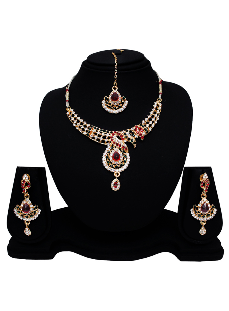 Red Alloy Austrian Diamond Set With Earrings and Maang Tikka 128572