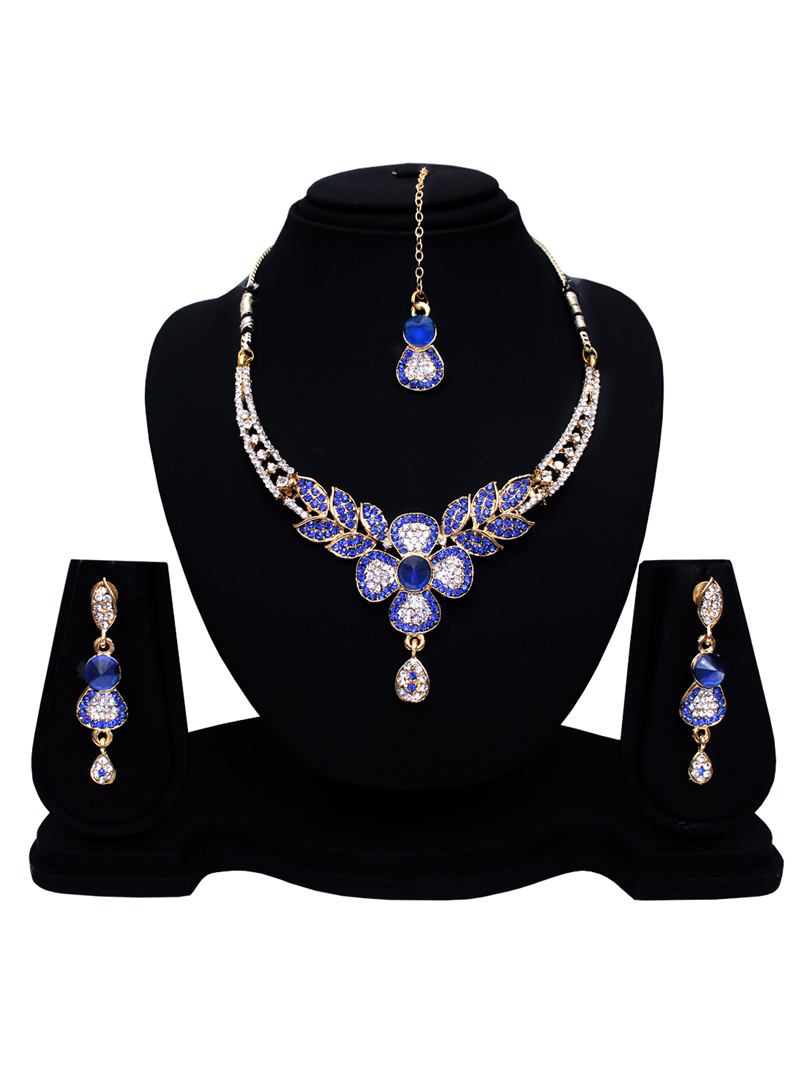 Blue Alloy Austrian Diamond Set With Earrings and Maang Tikka 128573
