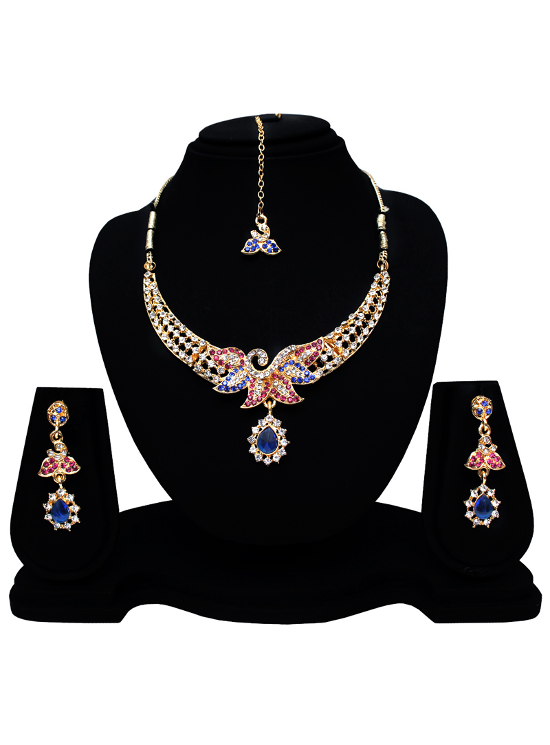 Blue Alloy Austrian Diamond Set With Earrings and Maang Tikka 128576