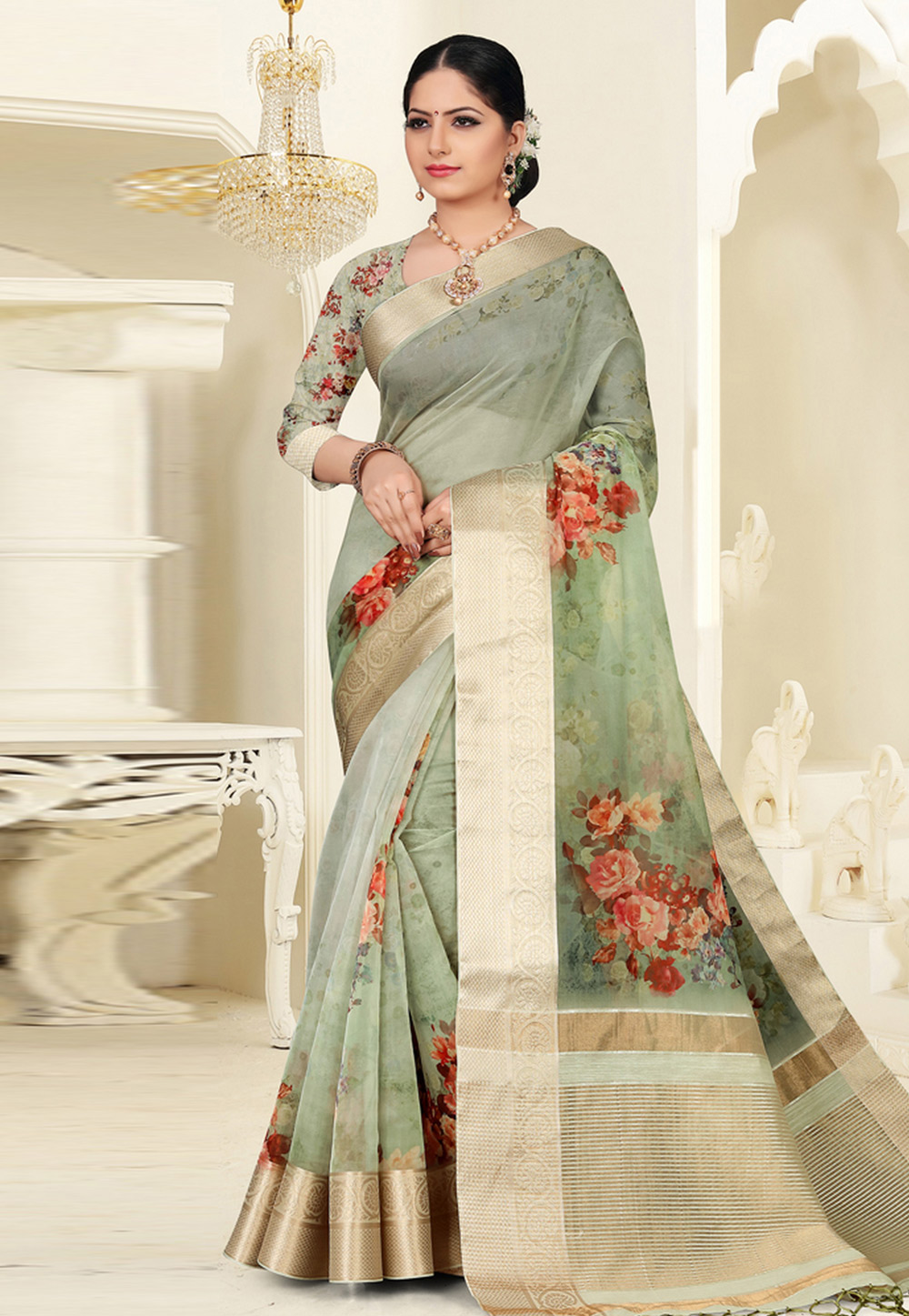 Olive Green Organza Printed Saree With Blouse 193561