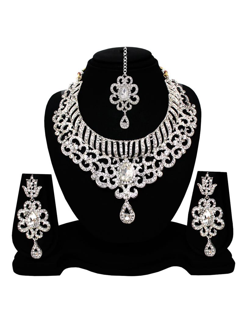 Silver Alloy American Diamond Set With Earrings and Maang Tikka 128579