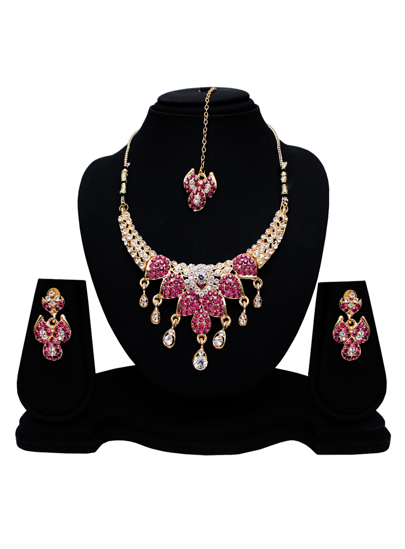 Pink Alloy Austrian Diamond Set With Earrings and Maang Tikka 128583