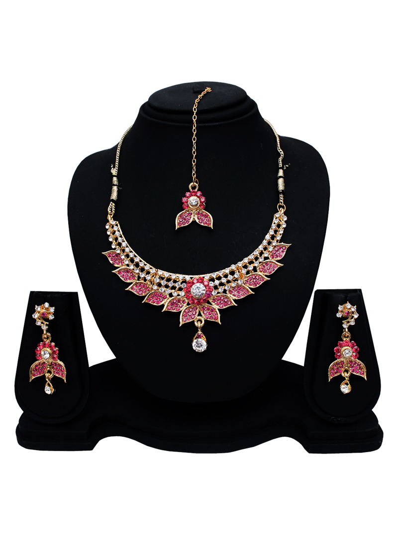 Pink Alloy Austrian Diamond Set With Earrings and Maang Tikka 128585