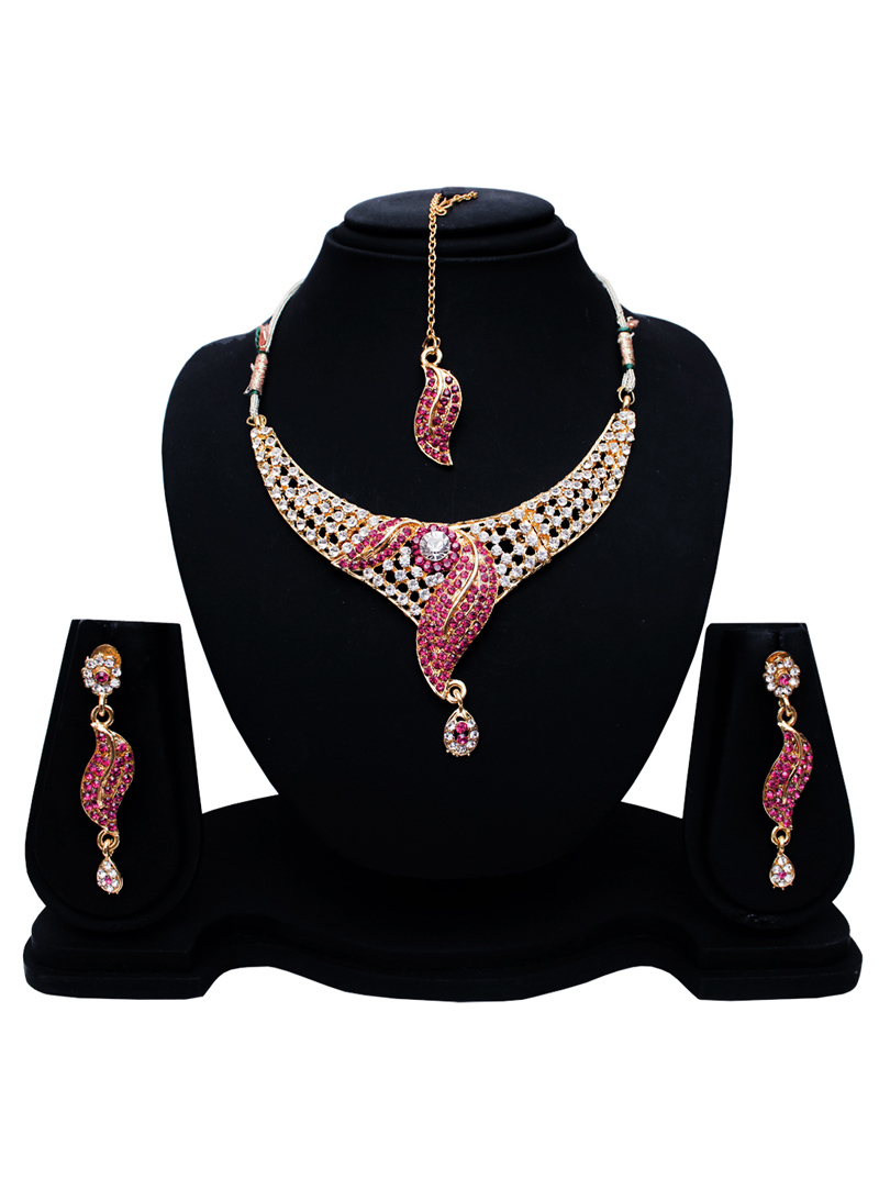 Pink Alloy Austrian Diamond Set With Earrings and Maang Tikka 128587