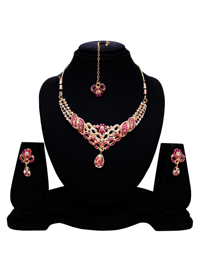 Pink Alloy Austrian Diamond Set With Earrings and Maang Tikka 128589