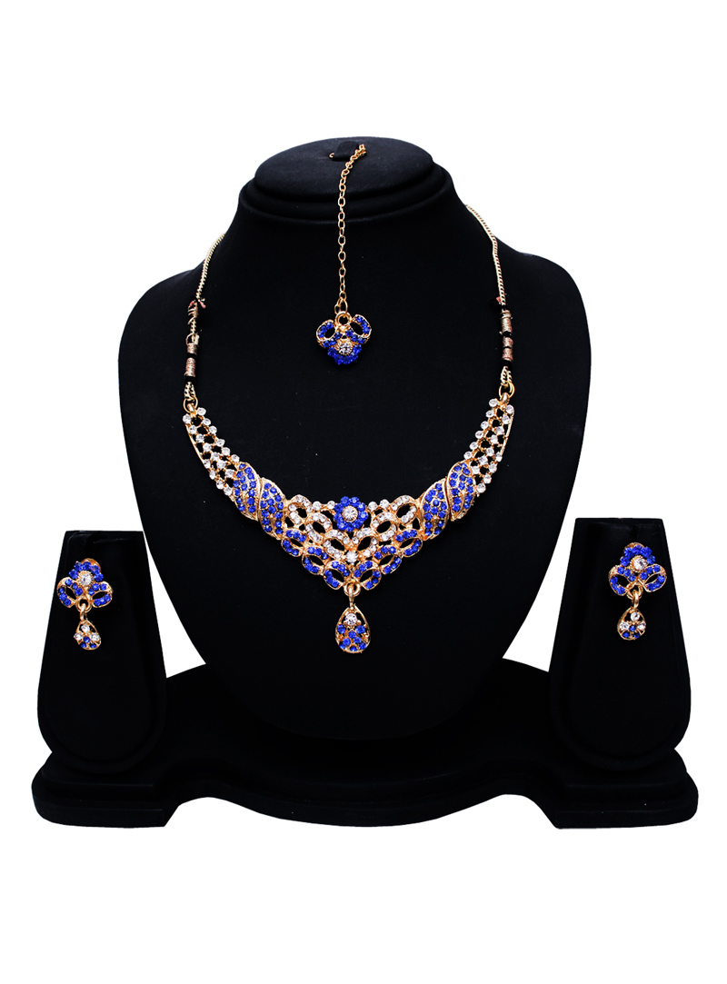 Blue Alloy Austrian Diamond Set With Earrings and Maang Tikka 128592