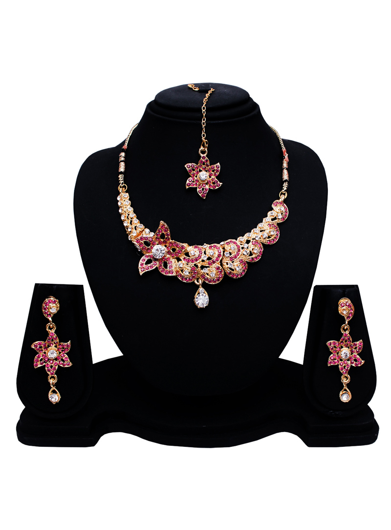 Pink Alloy Austrian Diamond Set With Earrings and Maang Tikka 128593