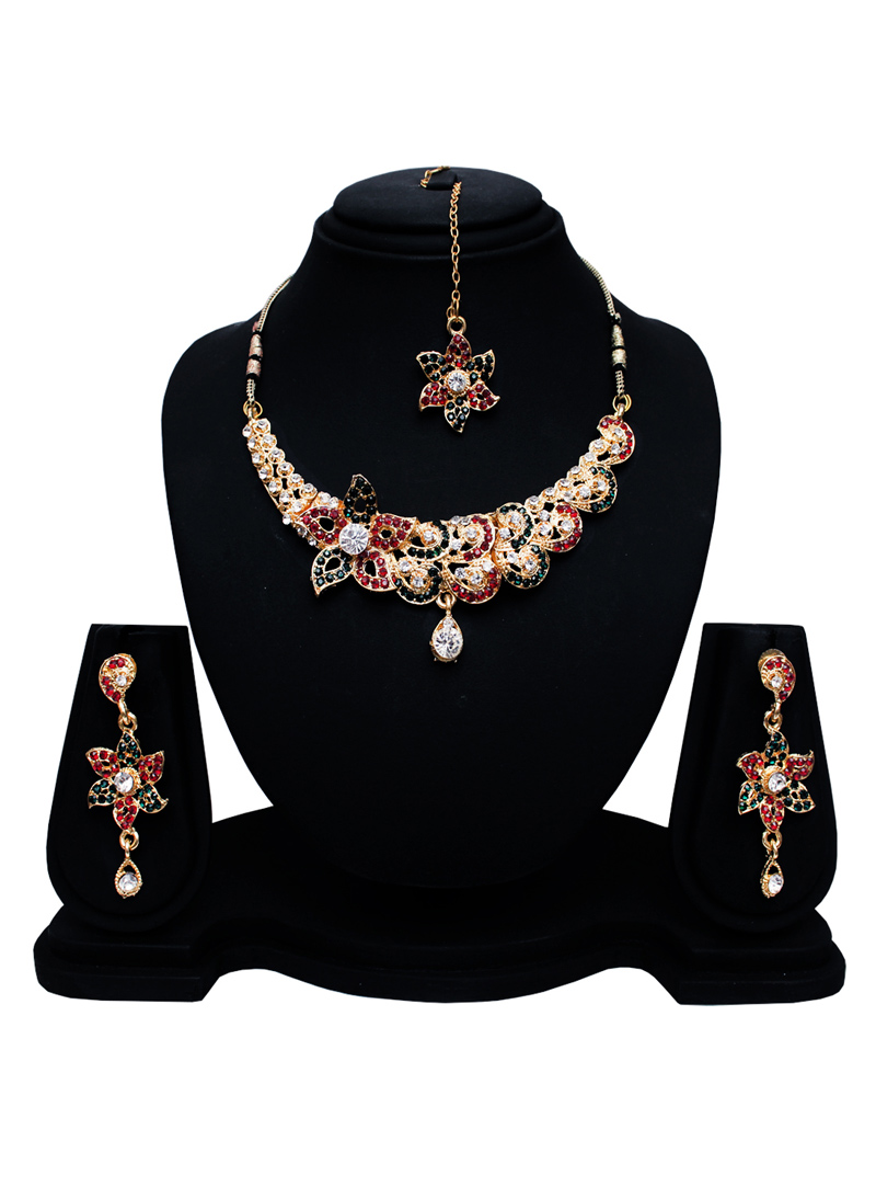 Red Alloy Austrian Diamond Set With Earrings and Maang Tikka 128594