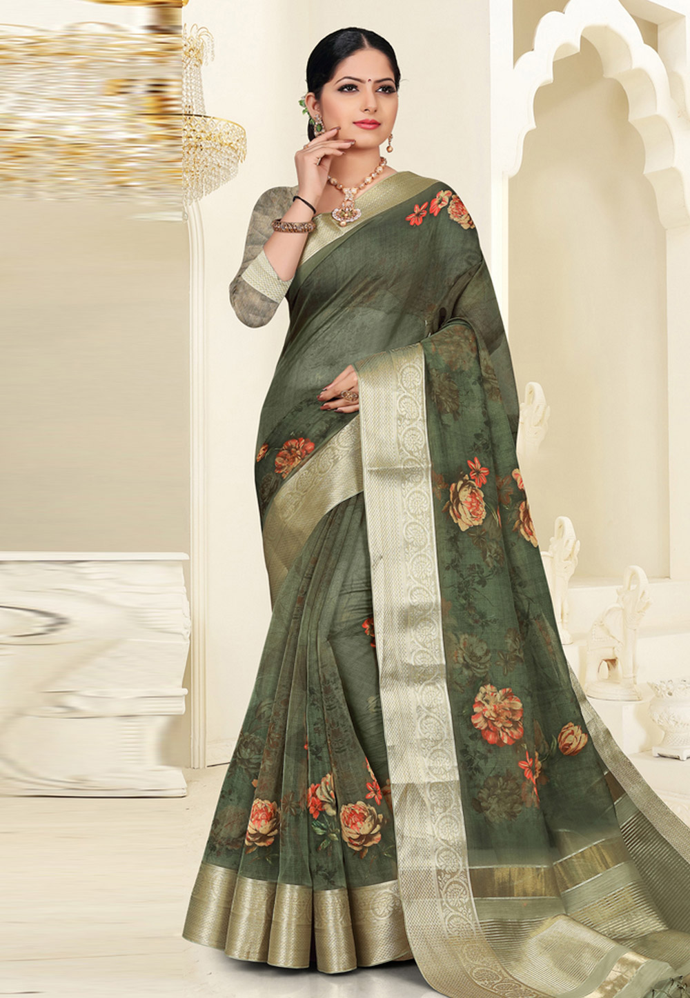 Olive Green Organza Printed Saree With Blouse 193563