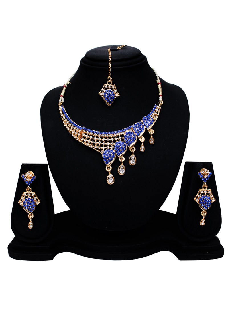 Blue Alloy Austrian Diamond Set With Earrings and Maang Tikka 128597