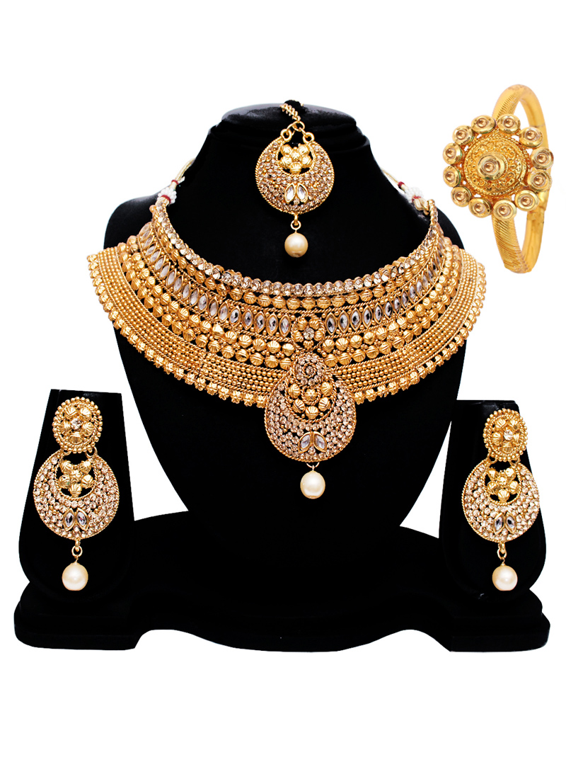 Golden Alloy Austrian Diamond Set With Earrings and Maang Tikka 128598