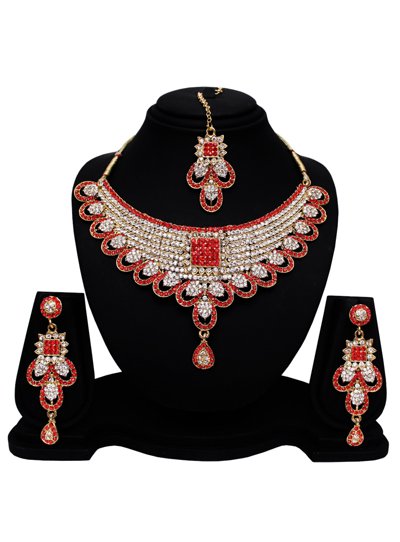 Red Alloy Austrian Diamond Set With Earrings and Maang Tikka 128604