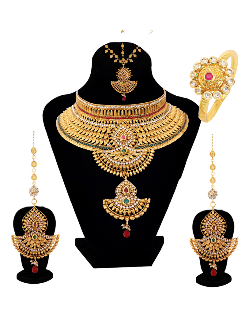 Golden Alloy Austrian Diamond Set With Earrings and Maang Tikka 128616