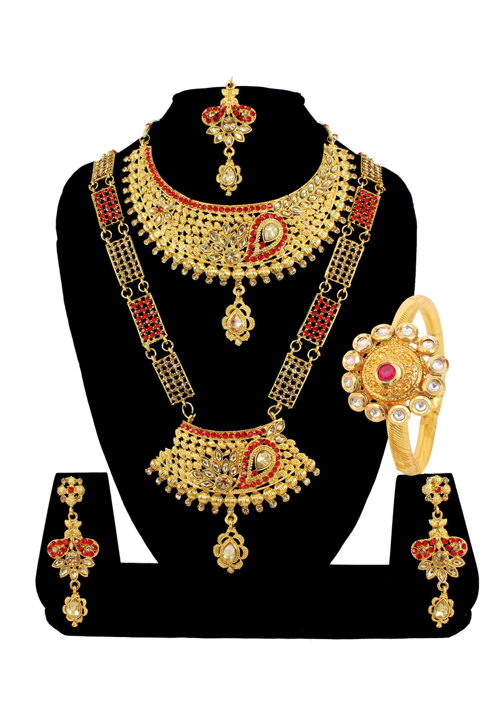 Red Alloy Austrian Diamond Heavy Necklace Set Earrings and Maang Tikka 177810