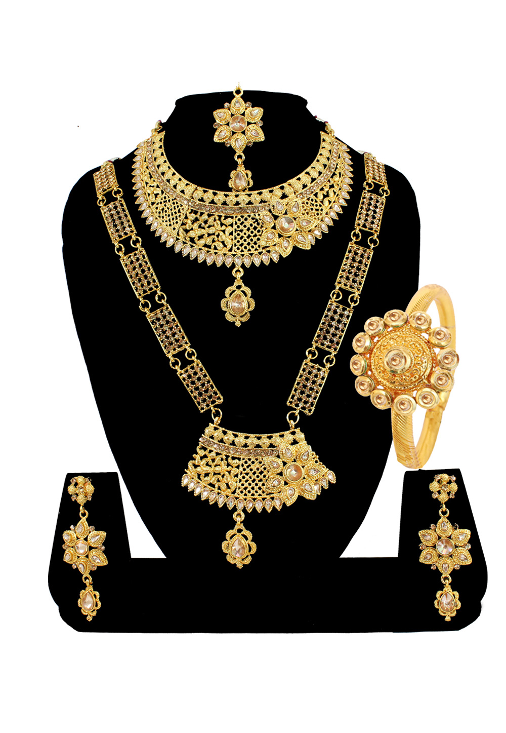 Golden Alloy Austrian Diamond Heavy Necklace Set Earrings and Maang Tikka 177813