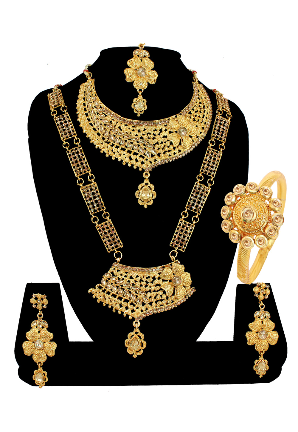 Golden Alloy Austrian Diamond Heavy Necklace Set Earrings and Maang Tikka 177815