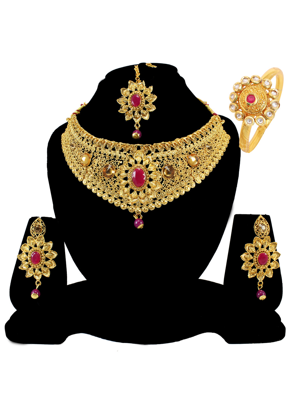 Maroon Alloy Austrian Diamond Necklace Set Earrings and Maang Tikka 177816