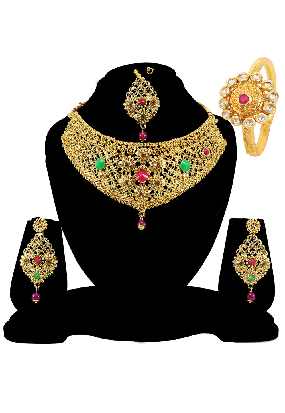 Green Alloy Austrian Diamond Necklace Set Earrings and Maang Tikka 177817