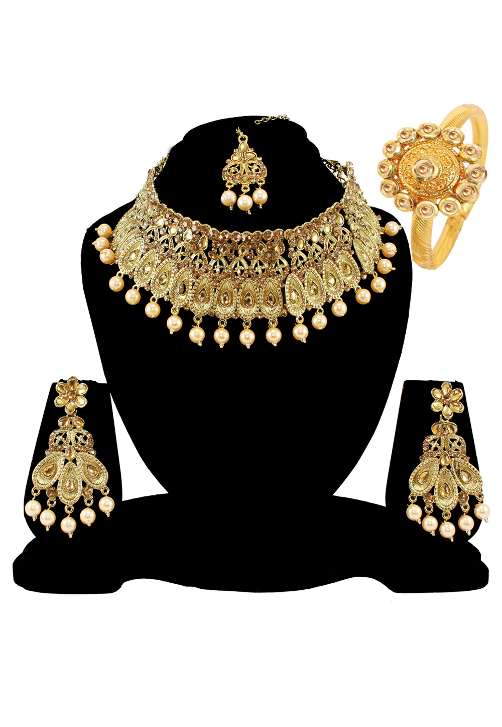 Golden Alloy Austrian Diamond Necklace Set Earrings and Maang Tikka 177818