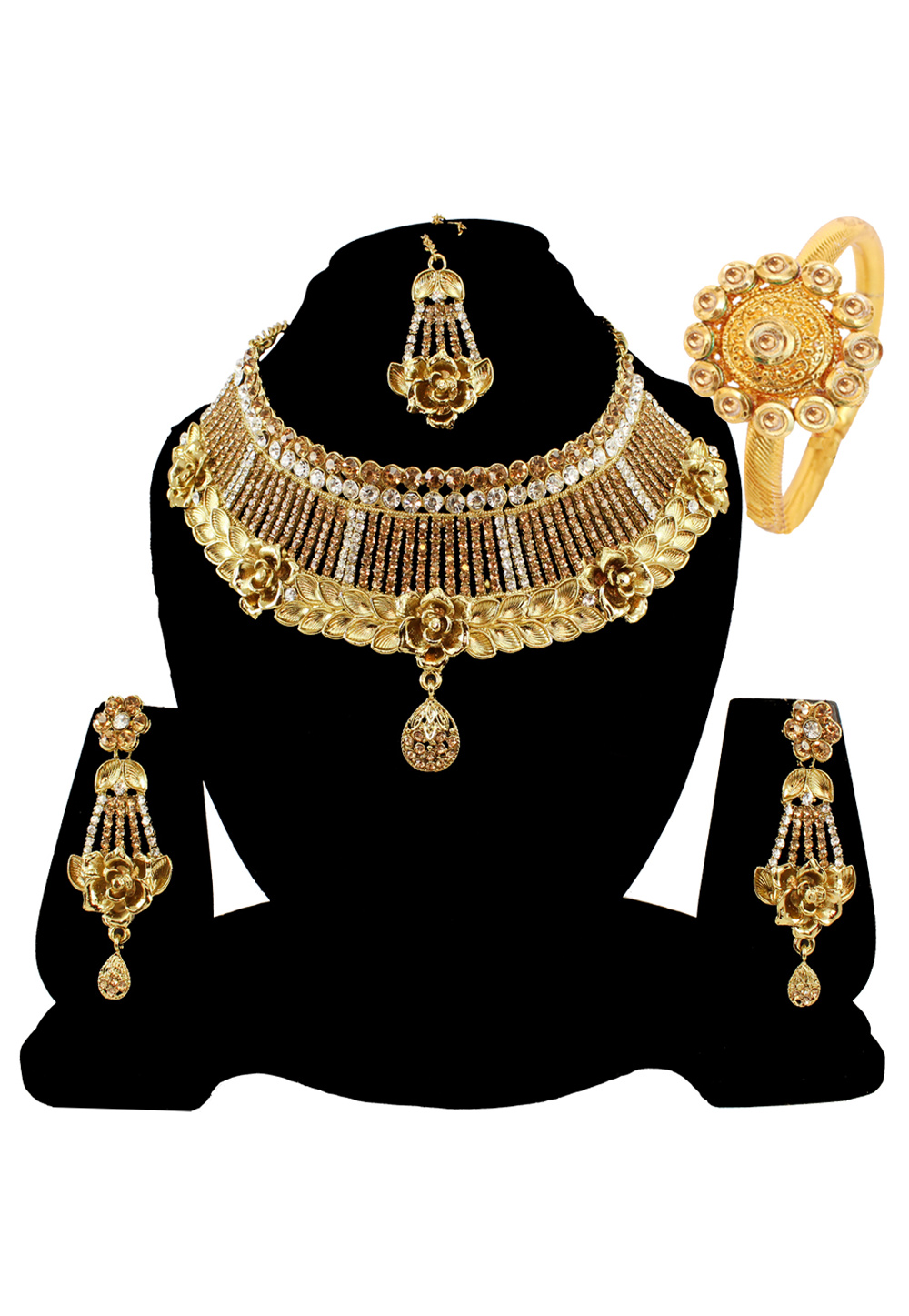 Brown Alloy Austrian Diamond Necklace Set Earrings and Maang Tikka 177823