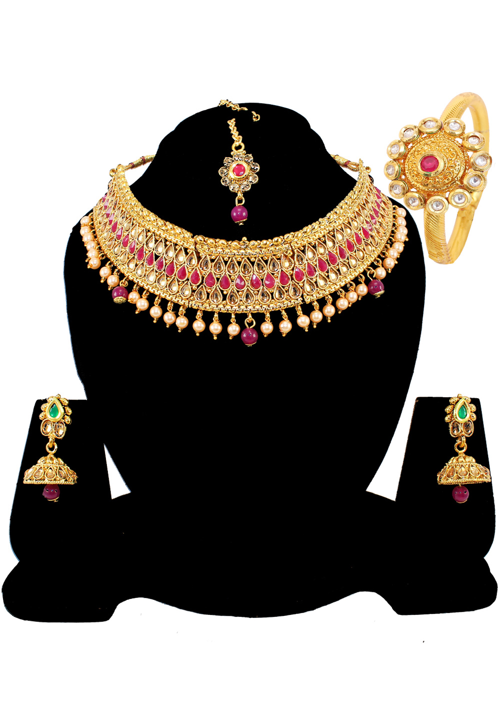 Pink Alloy Austrian Diamond Necklace Set Earrings and Maang Tikka 177824