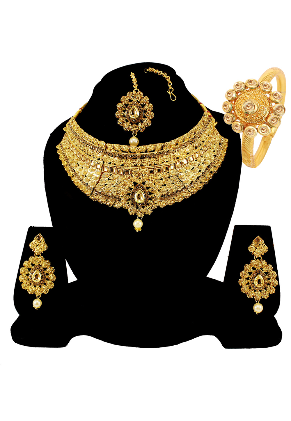 Golden Alloy Austrian Diamond Necklace Set Earrings and Maang Tikka 177826