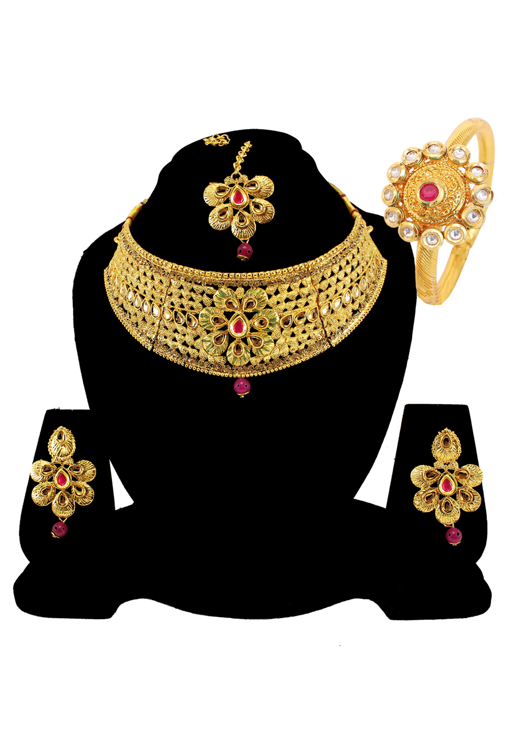 Pink Alloy Austrian Diamond Necklace Set Earrings and Maang Tikka 177827