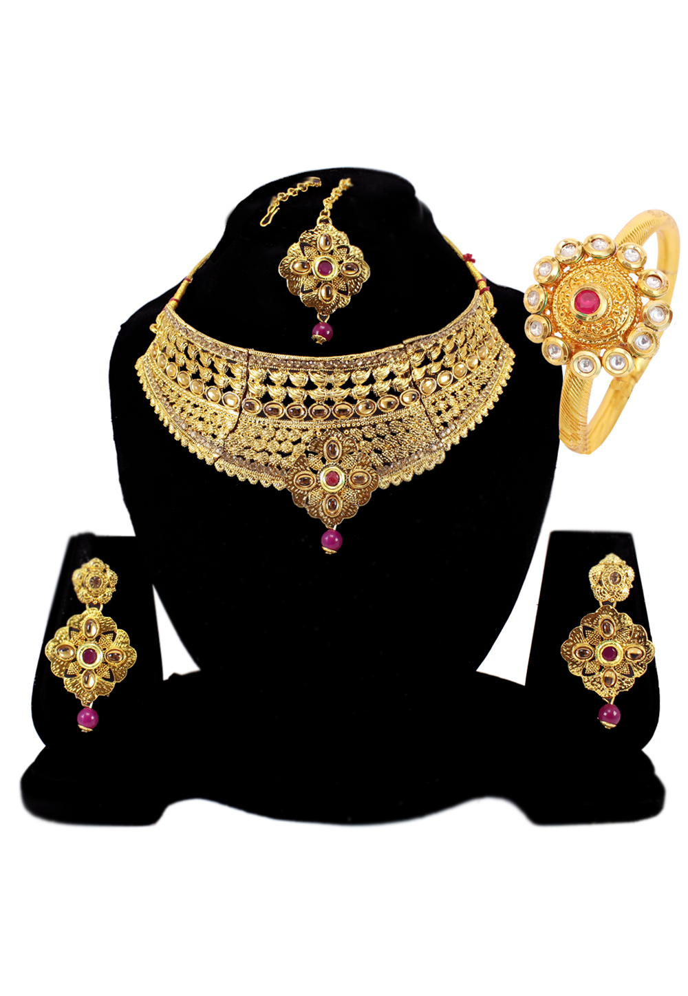 Pink Alloy Austrian Diamond Necklace Set Earrings and Maang Tikka 177829