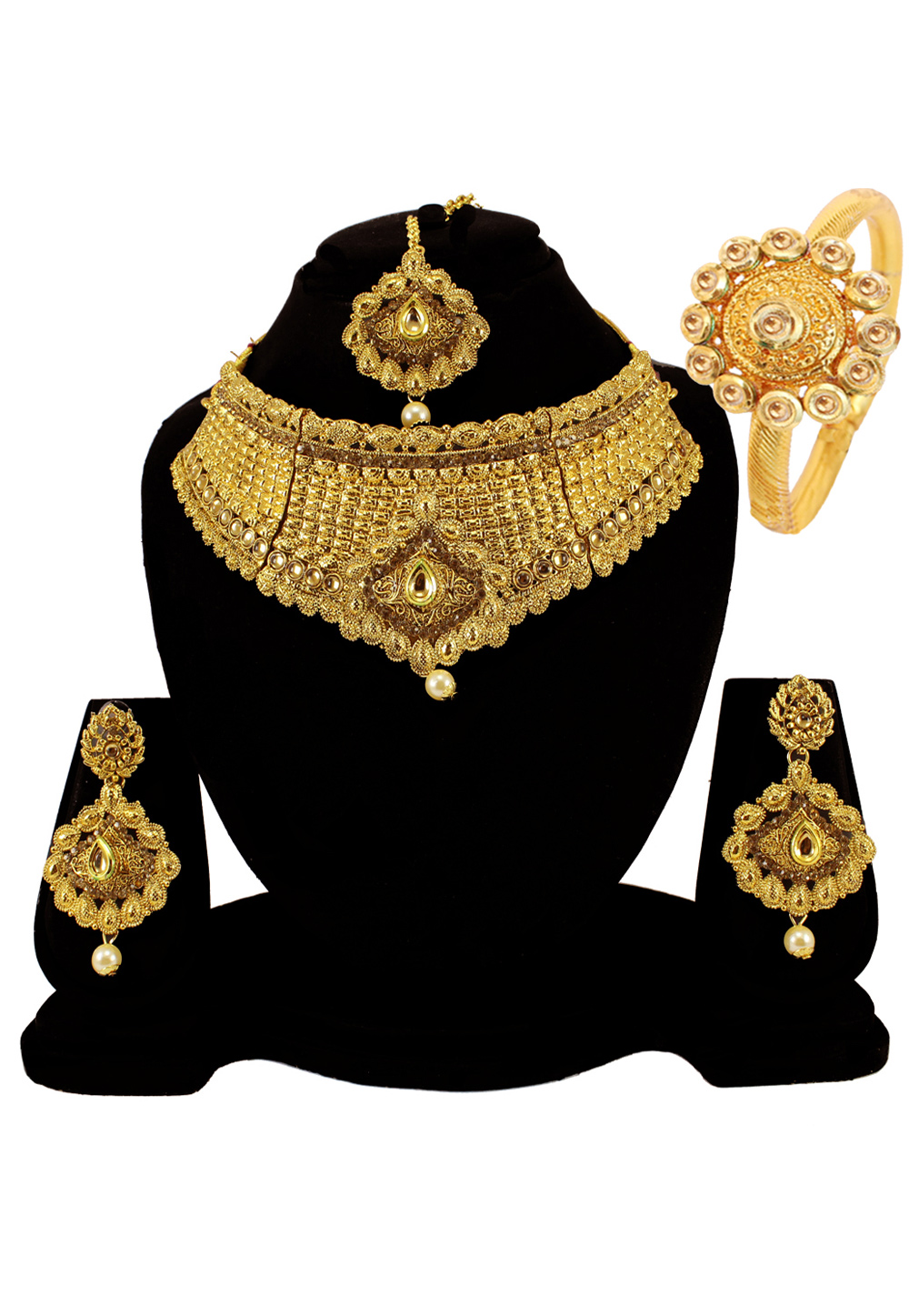 Golden Alloy Austrian Diamond Necklace Set Earrings and Maang Tikka 177830