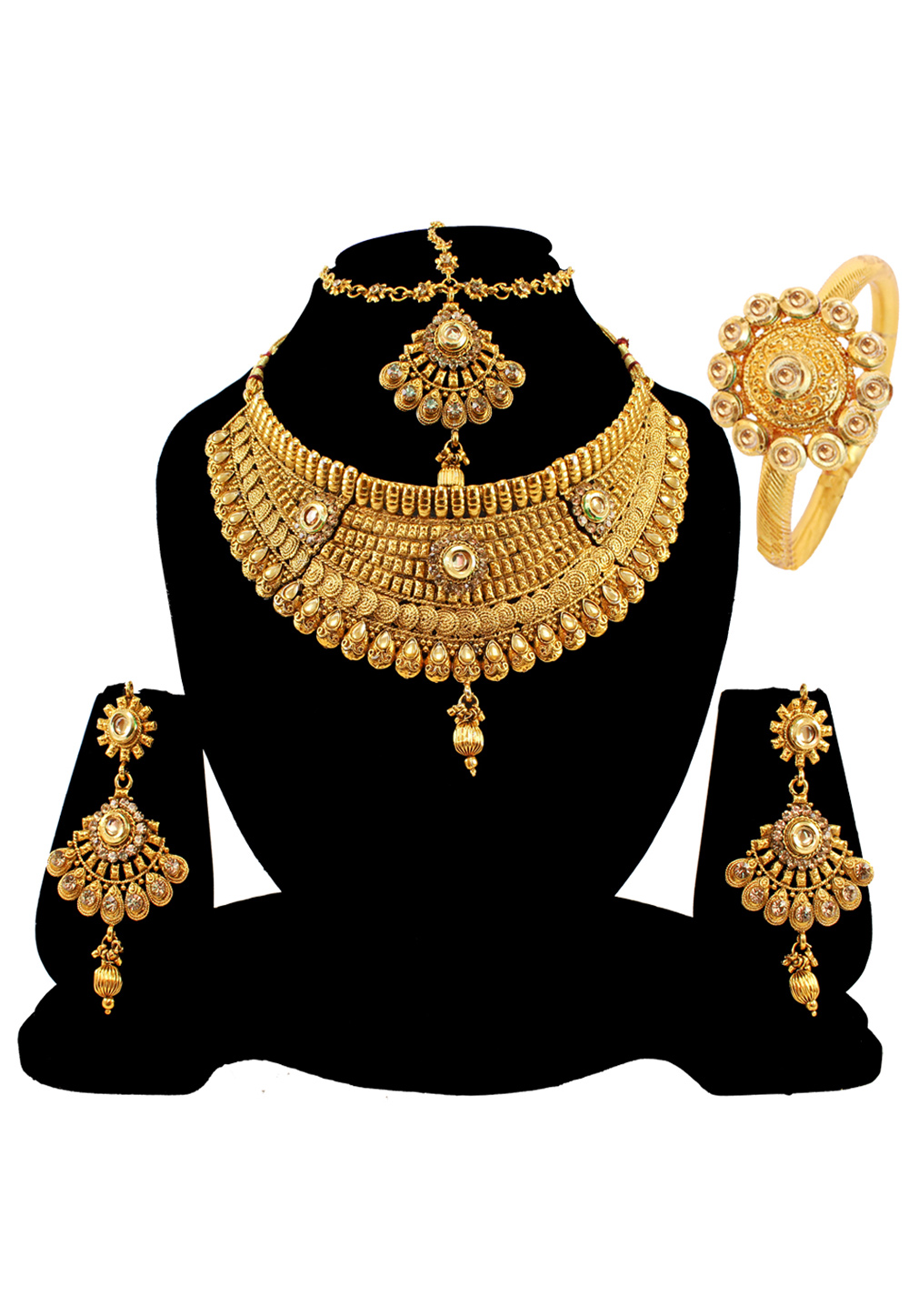 Golden Alloy Austrian Diamond Necklace Set Earrings and Maang Tikka 177832