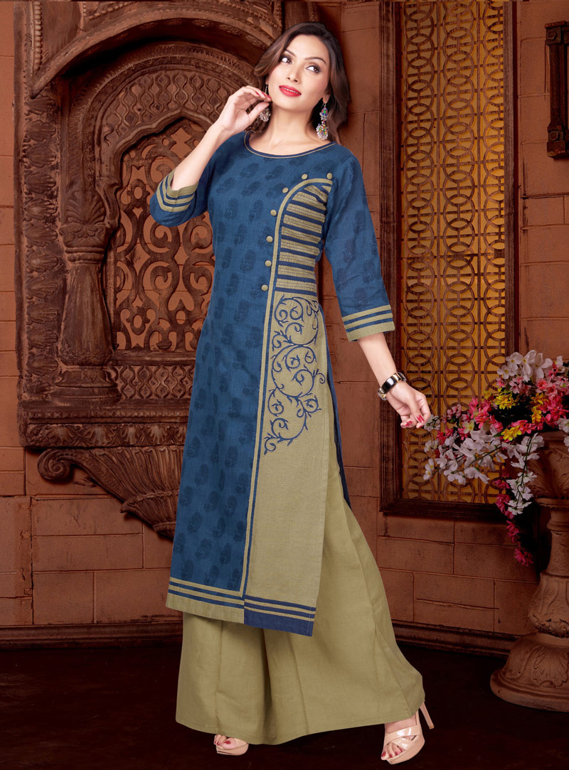 Blue Cotton Readymade Palazzo Style Suit 149621
