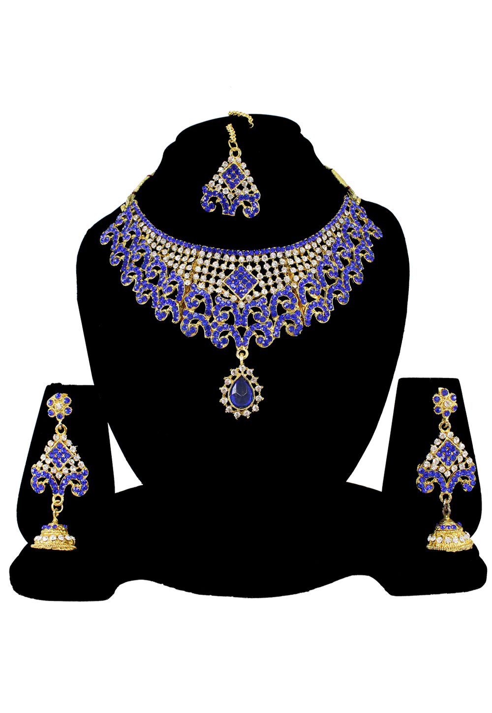 Blue Alloy Austrian Diamond Necklace Set Earrings and Maang Tikka 177834