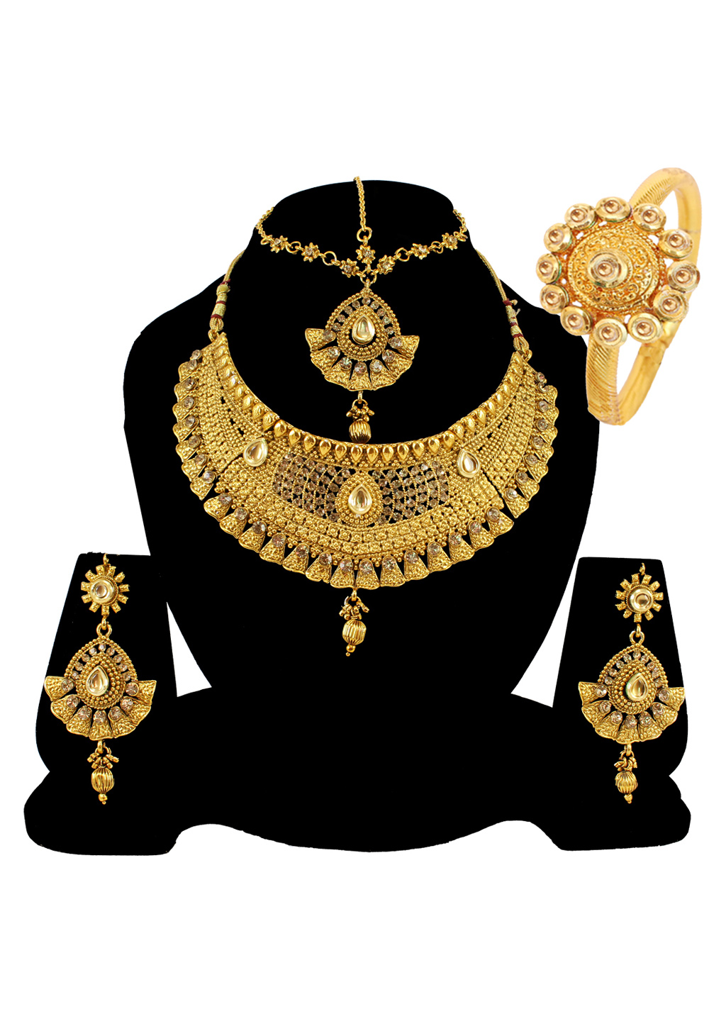 Golden Alloy Austrian Diamond Necklace Set Earrings and Maang Tikka 177835