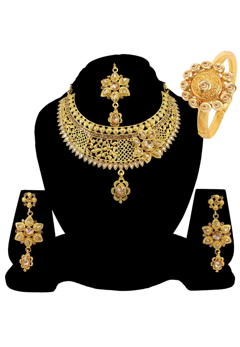 Golden Alloy Austrian Diamond Necklace Set Earrings and Maang Tikka 177836