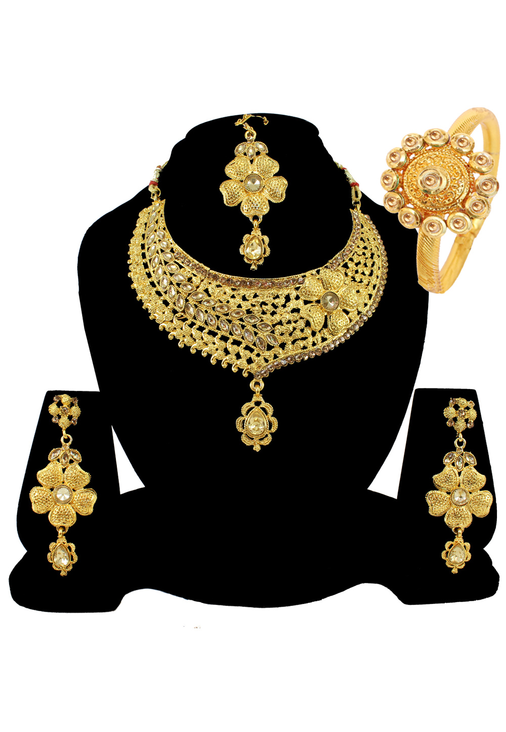 Golden Alloy Austrian Diamond Necklace Set Earrings and Maang Tikka 177837