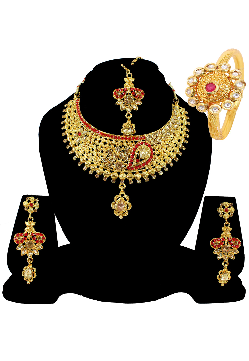 Red Alloy Austrian Diamond Necklace Set Earrings and Maang Tikka 177839