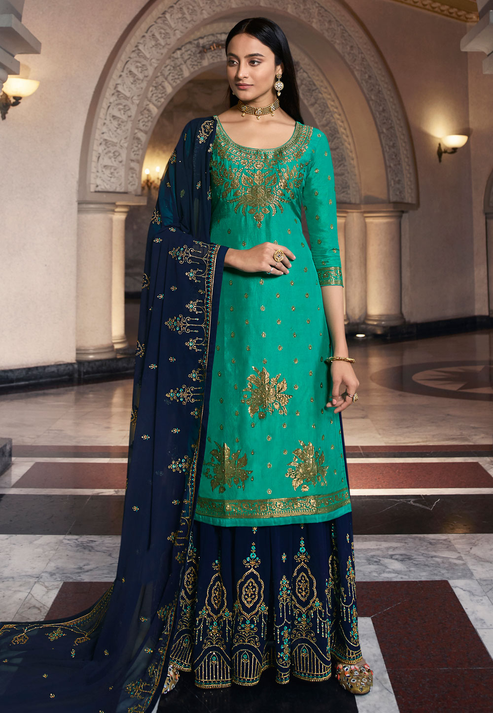 Turquoise Jacquard Embroidered Kameez With Palazzo Suit 209124
