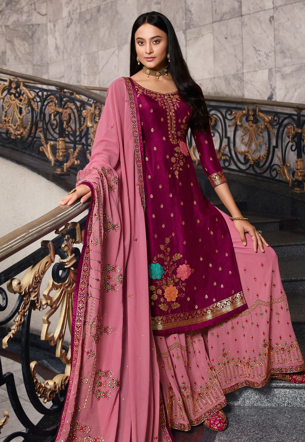 Magenta Jacquard Embroidered Palazzo Suit 209125