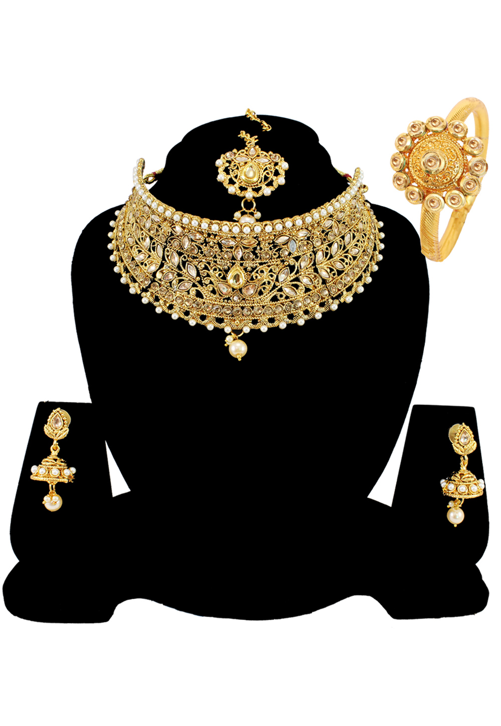 Golden Alloy Austrian Diamond Necklace Set Earrings and Maang Tikka 177893
