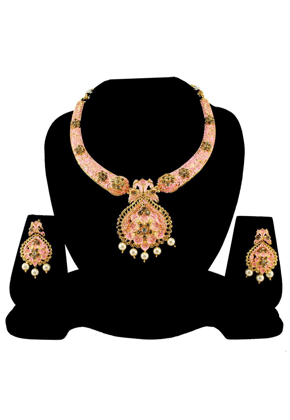 Pink Alloy Austrian Diamond Necklace Set With Earrings 197141