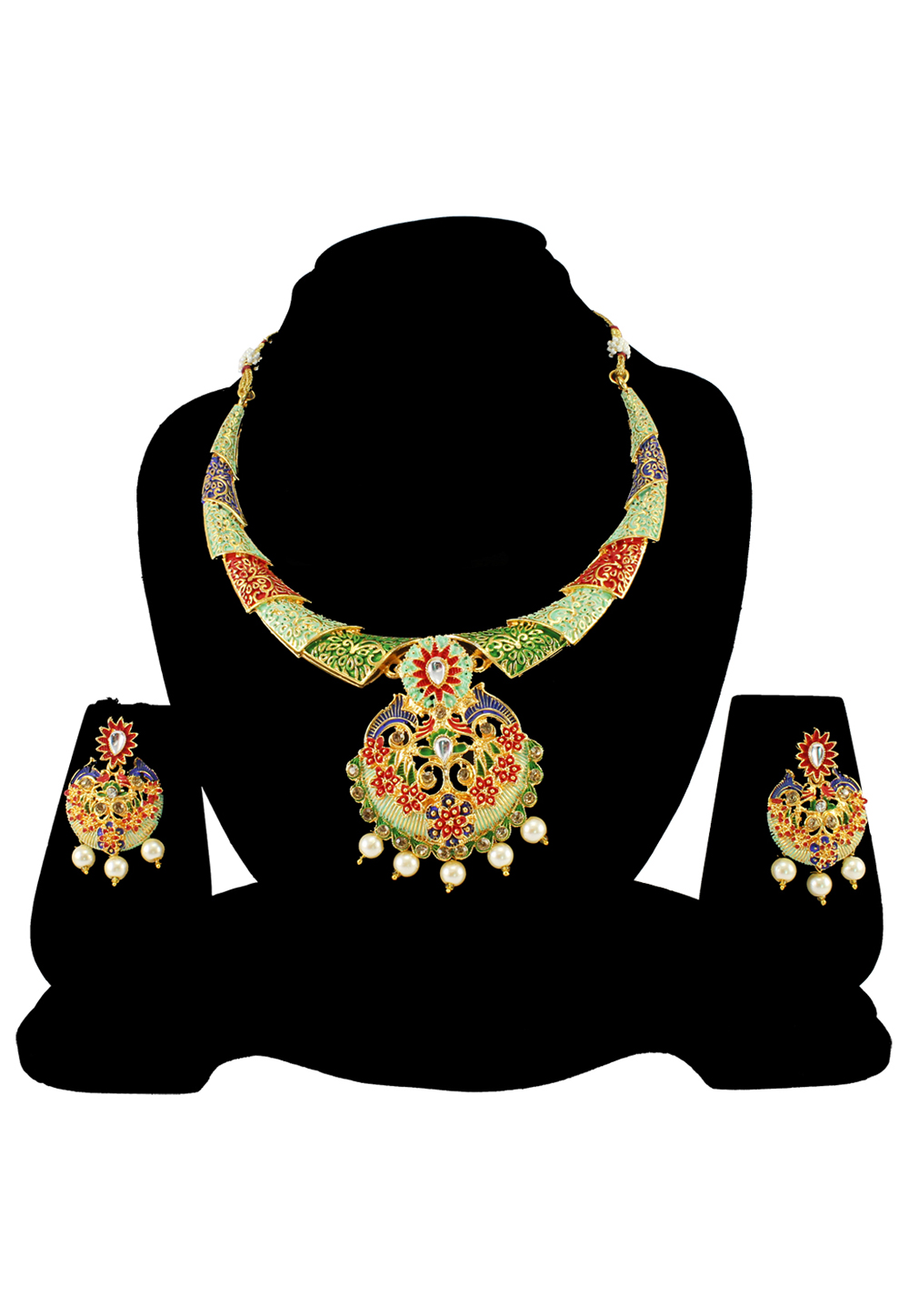 Green Alloy Austrian Diamond Necklace Set With Earrings 197143
