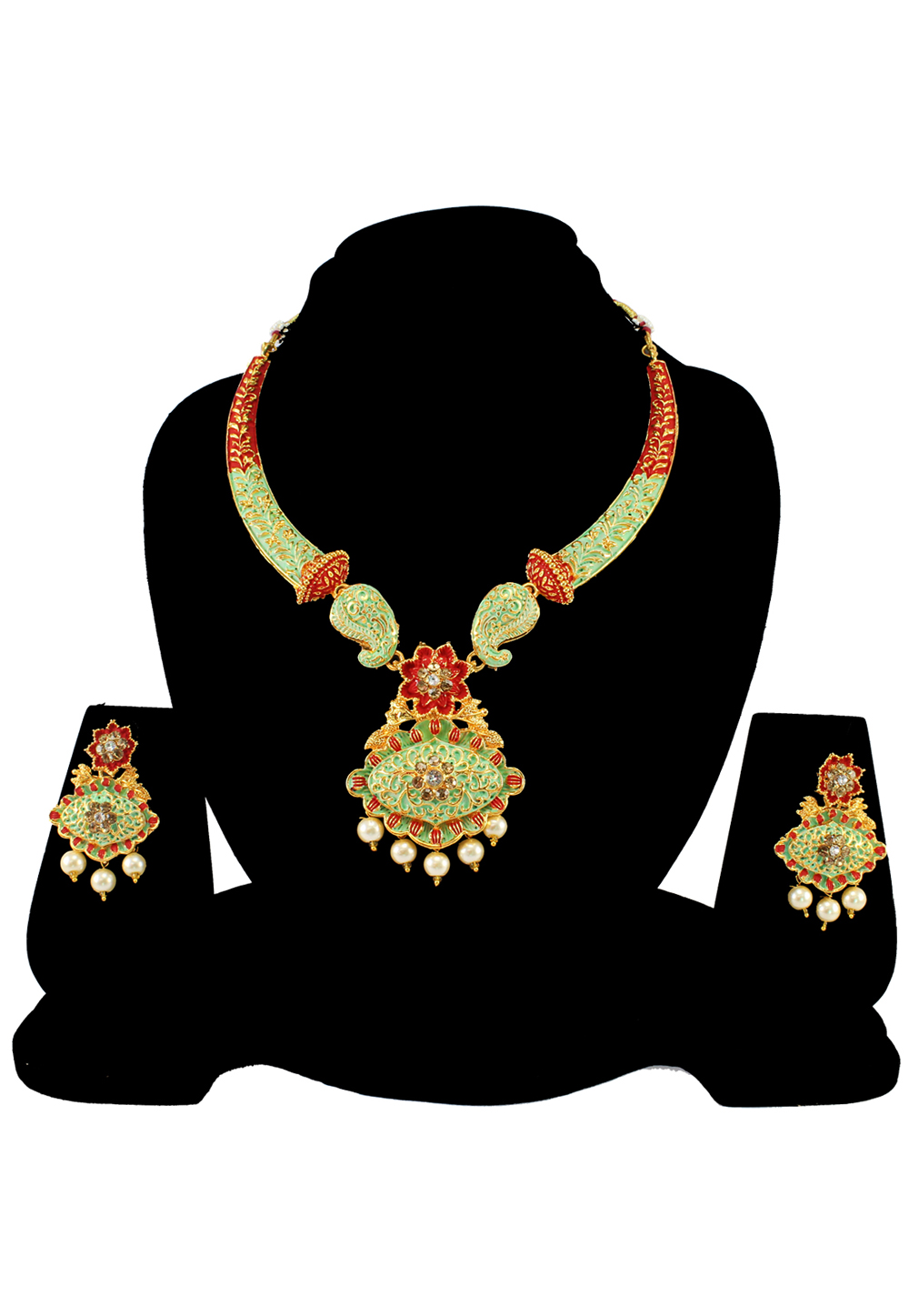 Green Alloy Austrian Diamond Necklace Set With Earrings 197146