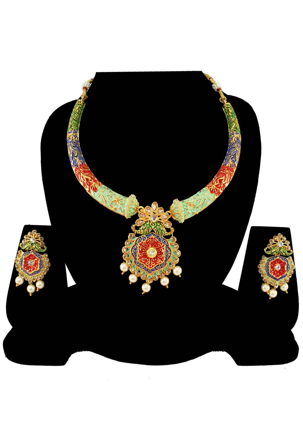 Green Alloy Austrian Diamond Necklace Set With Earrings 197148